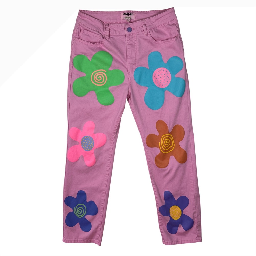 DOLLS KILL X ZIG ZAG FLOWER POWER Graphic Mom Jeans, Light Pink, Size Large
